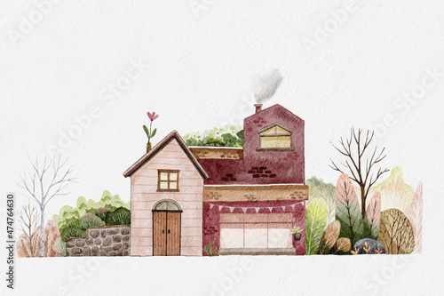 House with garden, Watercolor of wooden mixed with brick house and blooming plant, tree in the garden, Vector illustration Drawing beautiful nature in village for poster, greeting card or background