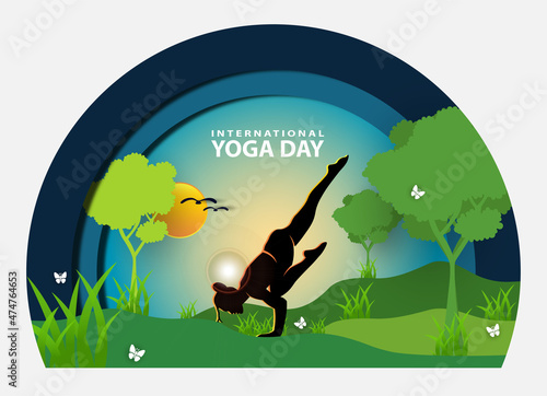 21 june-international yoga day, woman in yoga body posture, human silhouette and sun rays, vector illustration - Vector