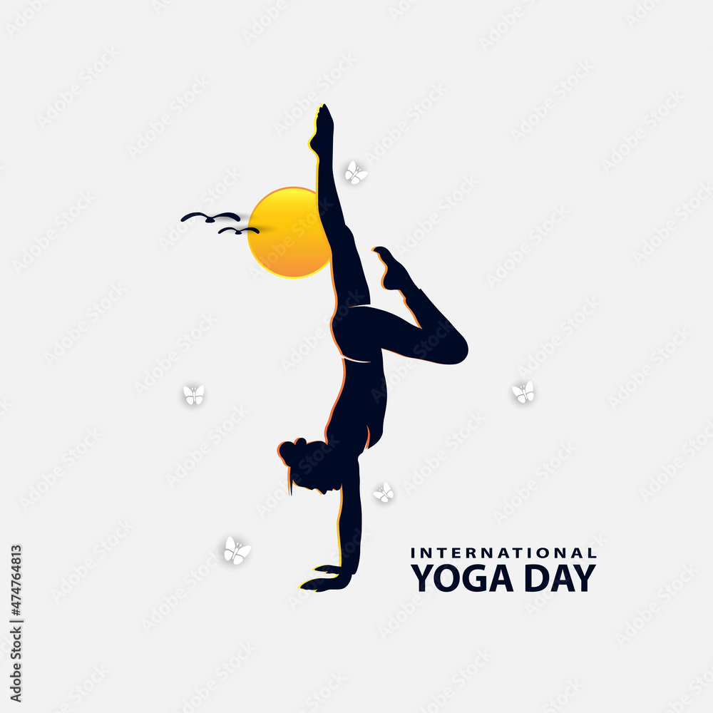 21 june-international yoga day, woman in yoga body posture, human silhouette and sun rays, vector illustration - Vector
