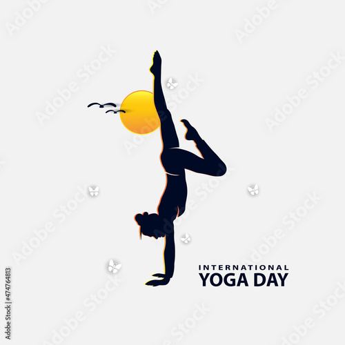 21 june-international yoga day, woman in yoga body posture, human silhouette and sun rays, vector illustration - Vector