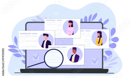 Concept of recruitment. Collection of profiles of different people, assessment of candidates for vacancy. Cards for potential employees, organization expansion. Cartoon flat vector illustration