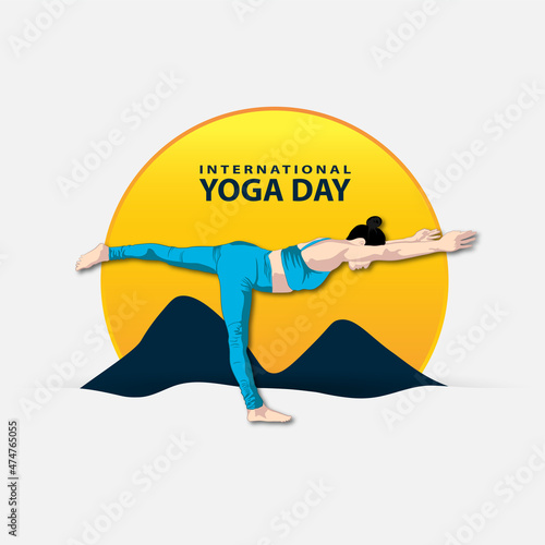 21 june-international yoga day, woman in yoga body posture, human silhouette and sun rays, vector illustration - Vector