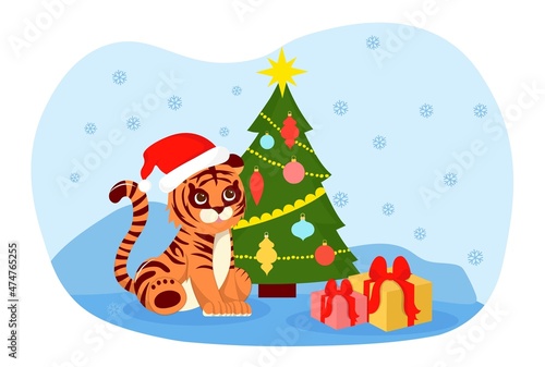 Tiger in Santa Claus hat. Character sitting by tree, pictures for New Year. Invitation or greeting cards and postcards. Winter traditional holidays, symbol, animal. Cartoon flat vector illustration © Rudzhan