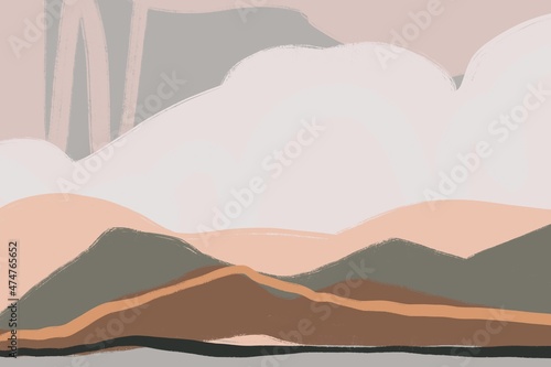 Contemporary art, abstract landscape, clouds over mountains and hills