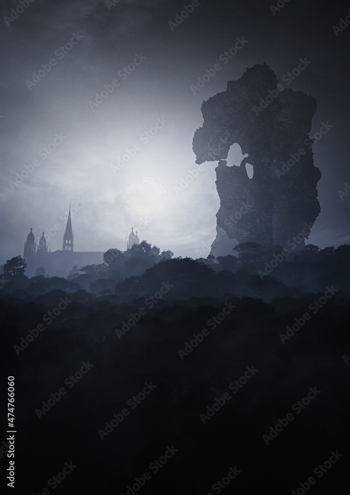 old castle in the fog