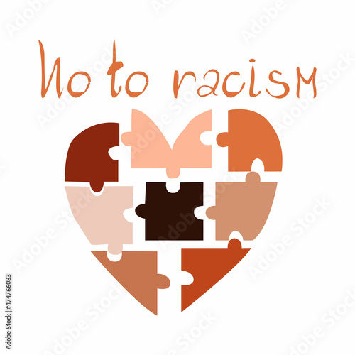 No to racism. Human heart puzzle shape with different skin colors. We are equal concept for card, poster, banner with text. Supporting social illustration. Vector. Rights for all races.