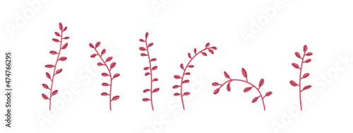 Set of pink leaves of decorative cartoon plant or tree. A branch with small leaves. Vector isolated on white background for design.