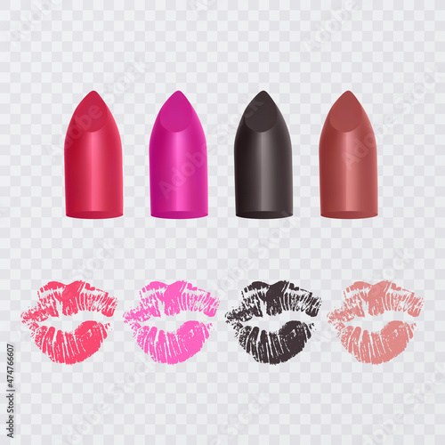 Set of color lipsticks. Red lipstick, pink lipstick, orange lipstick. Red lipstick set isolated on white background, vector format