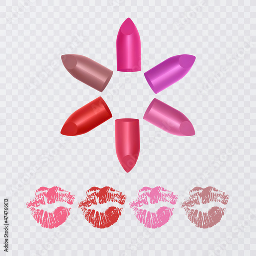 Set of color lipsticks. Red lipstick, pink lipstick, orange lipstick. Red lipstick set isolated on white background, vector format