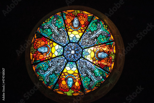 Stained Glass Window Church. Stained glass window in the Armenian Cathedral of the Assumption of the Blessed Virgin Mary. Ukraine. Lviv.