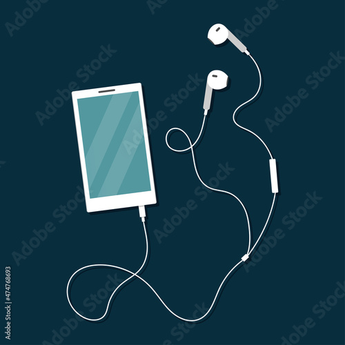 White mobile phone phone with wired headphones. Vector illustration in flat cartoon style.