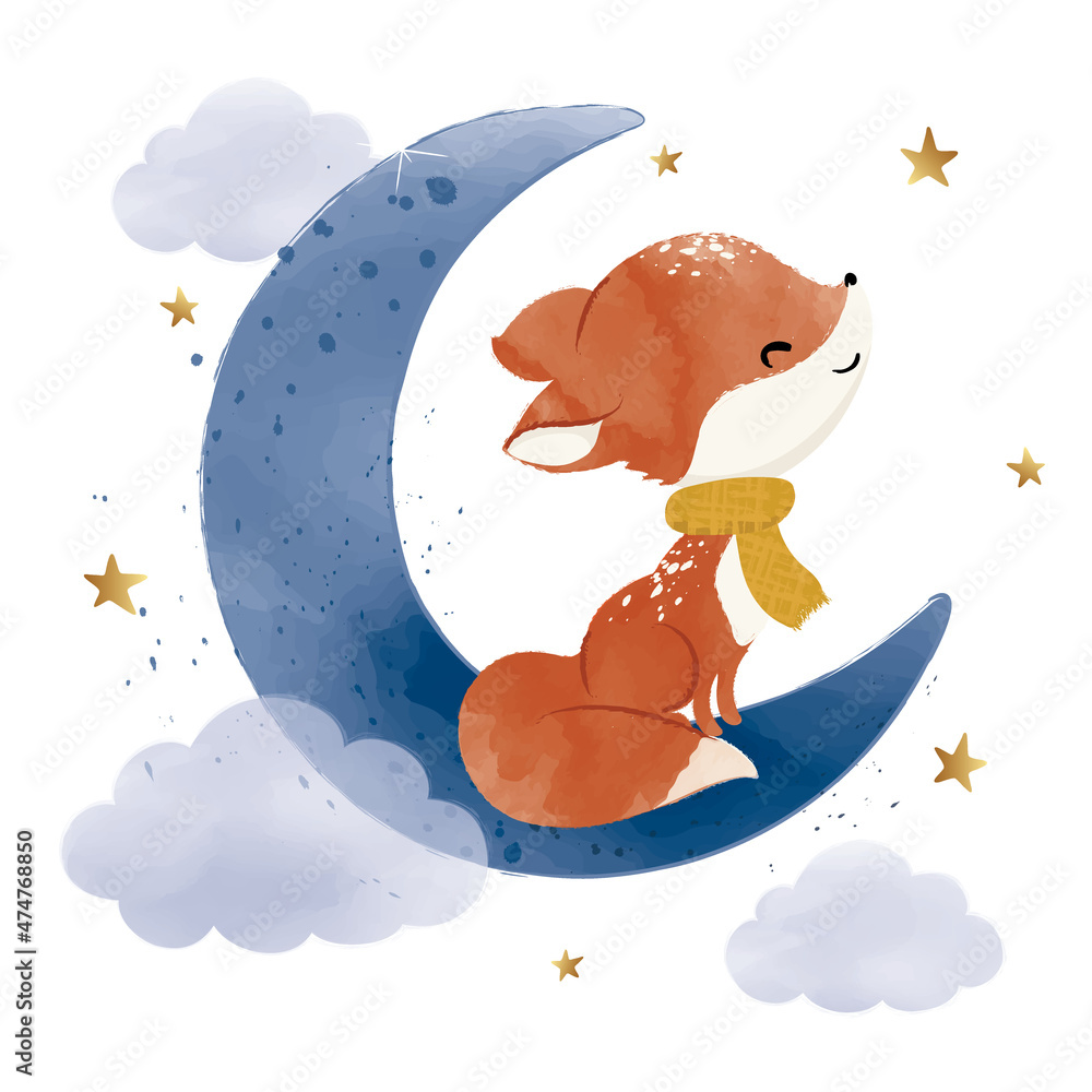 Cute fox on the moon with shiny stars, watercolor vector illustration ...