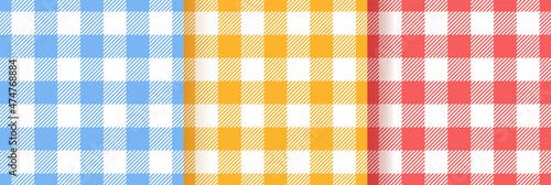 Gingham vichy seamless patterns. Checkered textures. Set of plaid backgrounds. Blue, red, yellow prints. Vector illustration. Retro flannel wallpaper. Cloth textile grid. Simple tablecloth backdrop