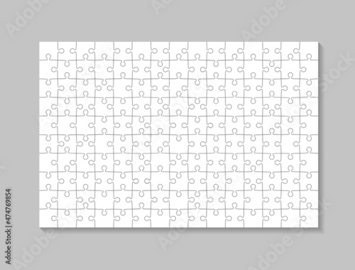Puzzle piece pattern. Realistic template of jigsaw. Grid of scheme. Square for game. White texture of puzzle on gray background. Part of jigsaw for team logic. 150 pieces of contour mosaic. Vector