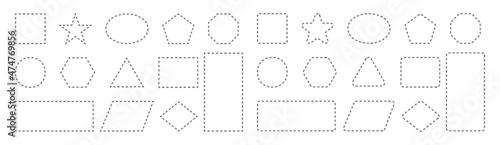 Dash line shapes. Dashed outline of circle, square, star, triangle, oval and heart for coupon. Design of border for basic geometric shapes. Icon of cut frame. Vector