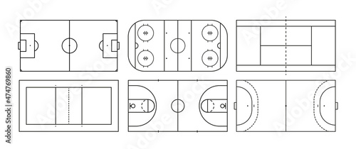 Field of basketball, soccer, hockey, volleyball and tennis. Sport court in line style. Vector icon top view. Outline set for american football, handball and baseball. Black icons isolated