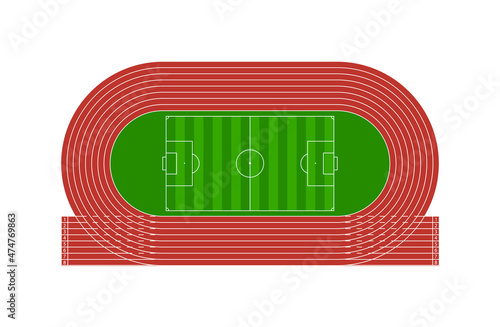 Run track with football stadium. Field for soccer and runner arena with tracks. Top view on sport or athletic arena. Racetrack with line, 8 pathways, start, finish. Vector illustration olympic game