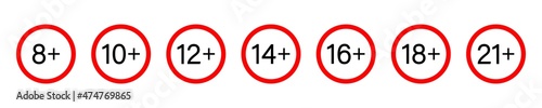 Age restriction from 10, 12, 14, 18, 16, 21 years old. Age restriction icons. Limit year plus. warning and forbidden badge. Legal adult for content. Vector