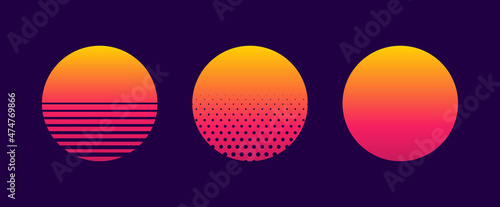 Retro sunset of 80s or 90s. Background of sun for cyberpunk, disco of 80 s and sunrise in miami. Set of neon gradient graphic for summer logo. Futuristic icons for flyer, music and shirt. Vector