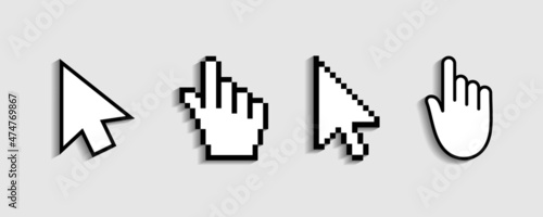 Cursor of mouse pointer for click. Hand icon from pixels. Arrow, finger for web, computer and internet navigation. Digital graphic symbol for link of www. Sign for button on screen of website. Vector