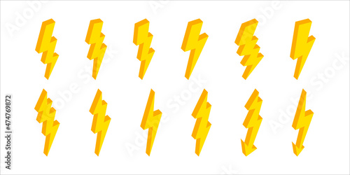 3d lightning. Isometric lightning icons. Flash of energy with thunder. Bolt and thunderbolt. Electric power of lightening in storm. Elements for fast, charge, battery and danger. Vector