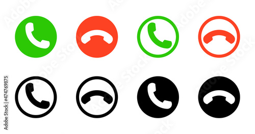 Call icon in phone. Button for answer or decline. Green, red and black icons for end or accept of mobile call. Symbol of incoming and outgoing. Vector