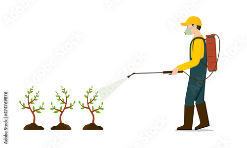 Farmer sprays pesticide or herbicide on agriculture plant. Man spraying chemical or fertilizer to plantation. Treatment of chemical from pest. vector photo