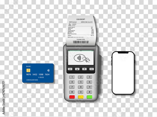 Credit card with mobile and pos terminal for payment isolated on transparent background. Nfc pay. Icon of contactless pay with help smartphone or debit card. Tap machine in processing. Vector photo