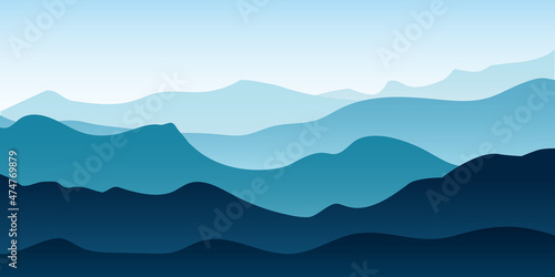 Mountain landscape. Green silhouette of mountain on horizon. Abstract adventure background. Vector illustration of peak of mountain ridge, rock and hill. Panoramic wallpaper. Vector