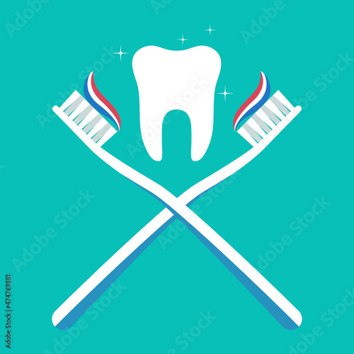 Tooth, brush and paste. Toothbrush with toothpaste flat icon. Clean white tooth. Care for dental hygiene and healthy. Logo for dentist, whitening, smile and medicine. Vector