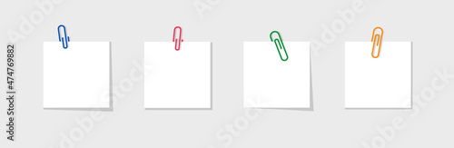 Paper for note with clip. with . Paperclip for memo. Color notepaper with paperclip for reminder in school, office and home. Metal pin on paper sticker with shadow. Blank label. Vector