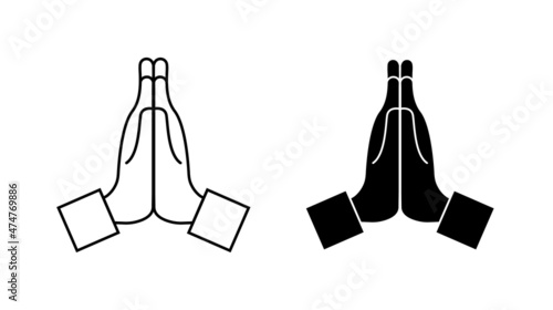 Pray icon. Hand with of namaste. Emoji for hope, sorry, please. Hand of prayer. Emoticon of thank in pray. Folded together hands for faith, church, honest. Emotion of begging. Cartoon symbol. Vector