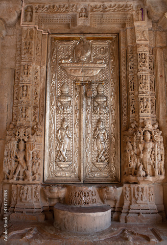 Exterior detail of Jain temple in Chittorgarh fort, Rajasthan state, India. The Jain temples of Chittorgarh have a significant place in the history of Jainism
