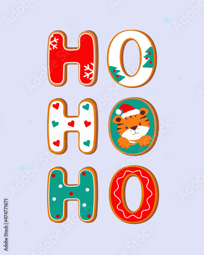 Ho ho ho and merry christmas. Vector illustration of gingerbread christmas and cute tiger.