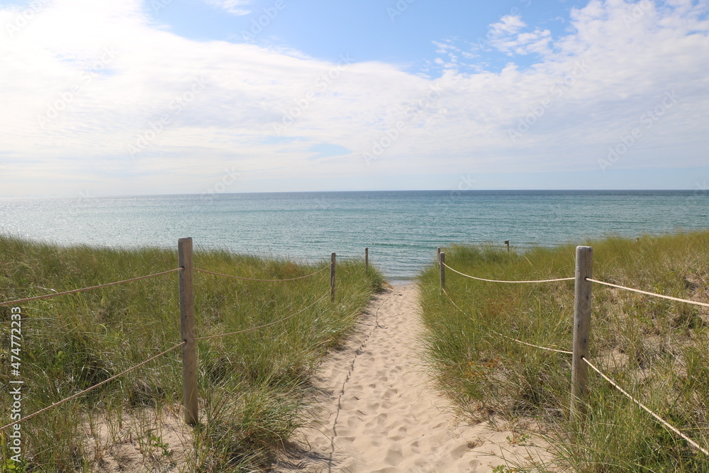 Pathway to the beach lined with a fence and green grass