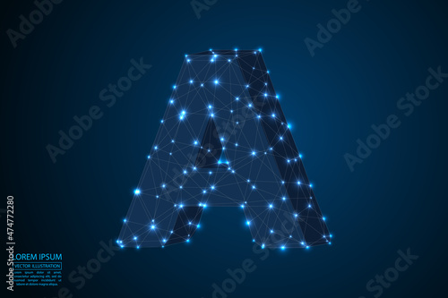 Abstract letters font is made up of triangles, lines, dots and connections. On a dark blue background, stars of the cosmic universe, meteorites, galaxies. Vector illustration eps 10.