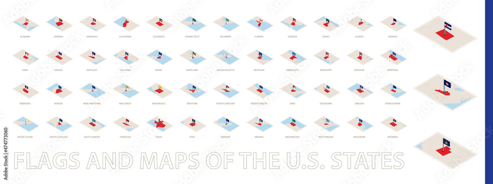 Set of isometric maps and flags of the United States, sorted alphabetically. Set of isometric maps and flags of the United States, sorted alphabetically.