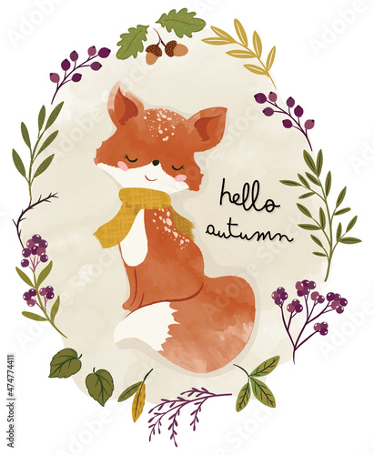 Cute fox, deer animal nursery illustration for children.  Watercolor boho forest illustration, watercolor, autumn flowers.