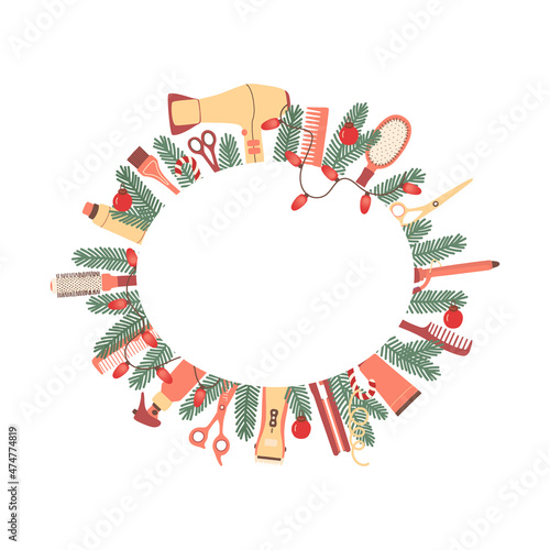 Christmas hair salon frame with hairdressing accessories and fir branches. Template with copy space for congratulations, certificate, information. Vector illustration 