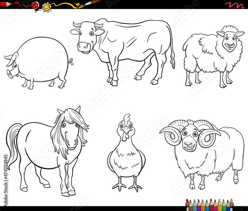 cartoon farm animal characters set for coloring
