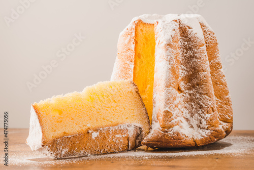 Pandoro Italian Christmas sweet bread with icing sugar copy space.