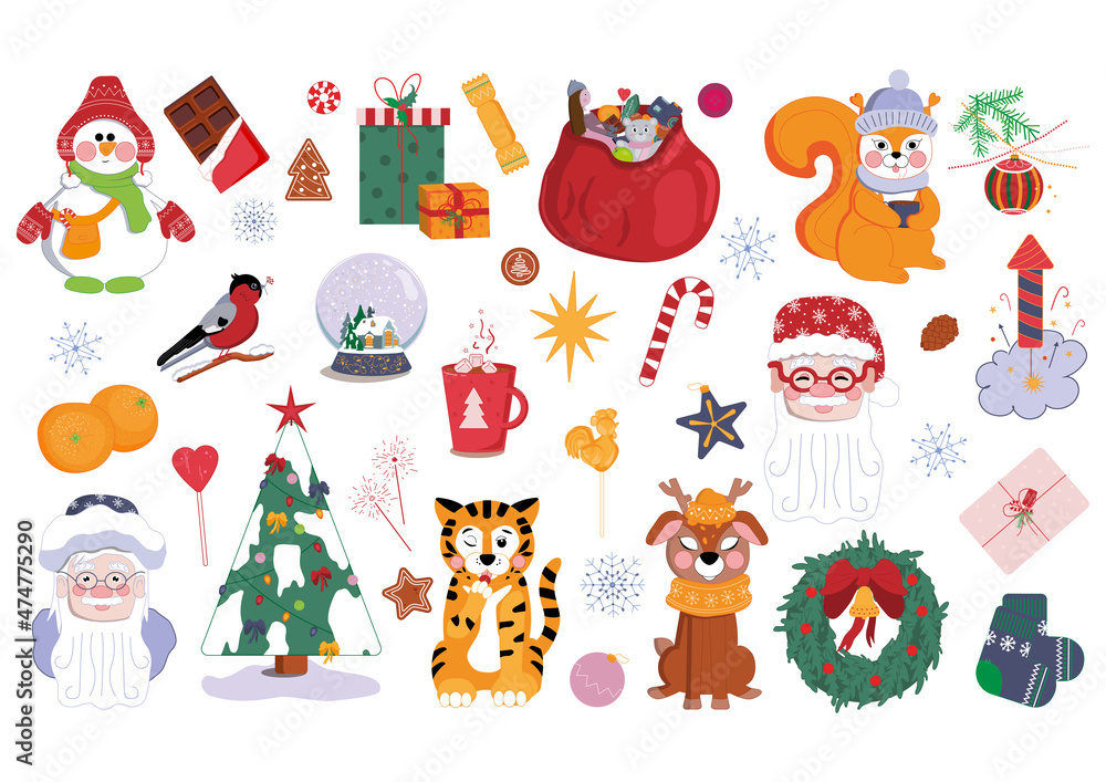 Vector set of winter holidays illustrations for children's stickers, cards, posters, calendar. Vector set of winter holidays illustrations for children's stickers, cards, posters, calendar.