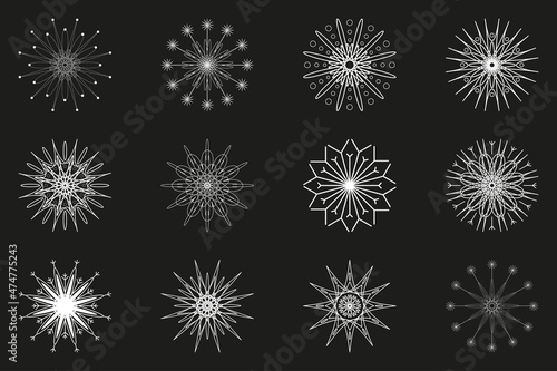A set of 12 white snowflakes on a dark gray background. A gentle symbol of winter. Openwork winter patterns.
