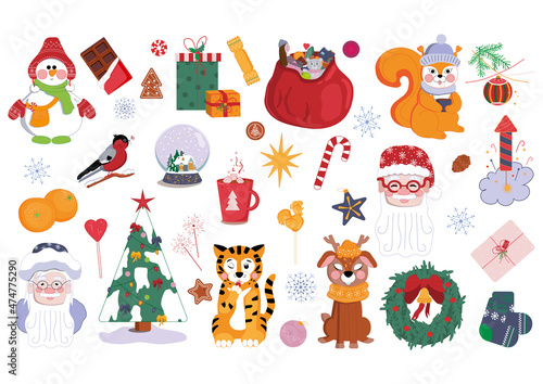 Vector set of winter holidays illustrations for children's stickers, cards, posters, calendar. 