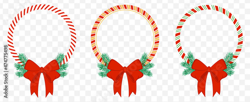 Circle frame candy cane with fir branches. Red bow Christmas border. Isolated vector illustration, flat style.