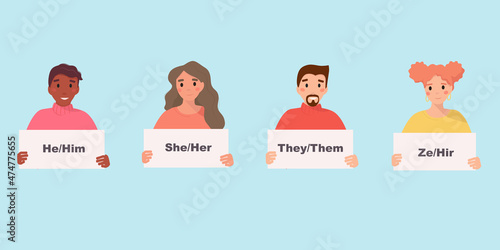 Gender neutral movement. People holding sign with gender pronouns. He, she, they, ze. 