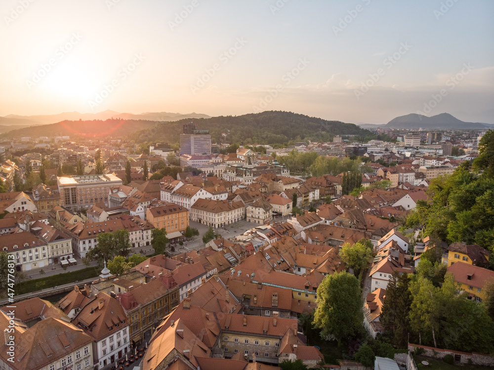 Aerial panorama of the Slovenian capital Ljubljana at sunset.