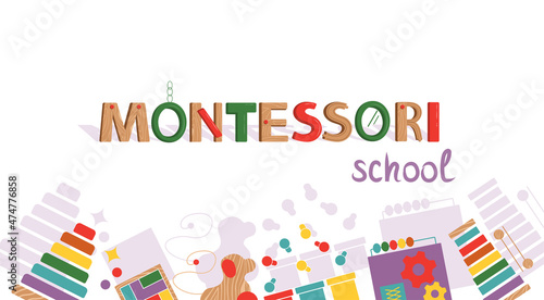 Vector illustration for early children education by Montessori system. Phrase with wooden toys. Composition for web, visiting card, banner, logo. photo
