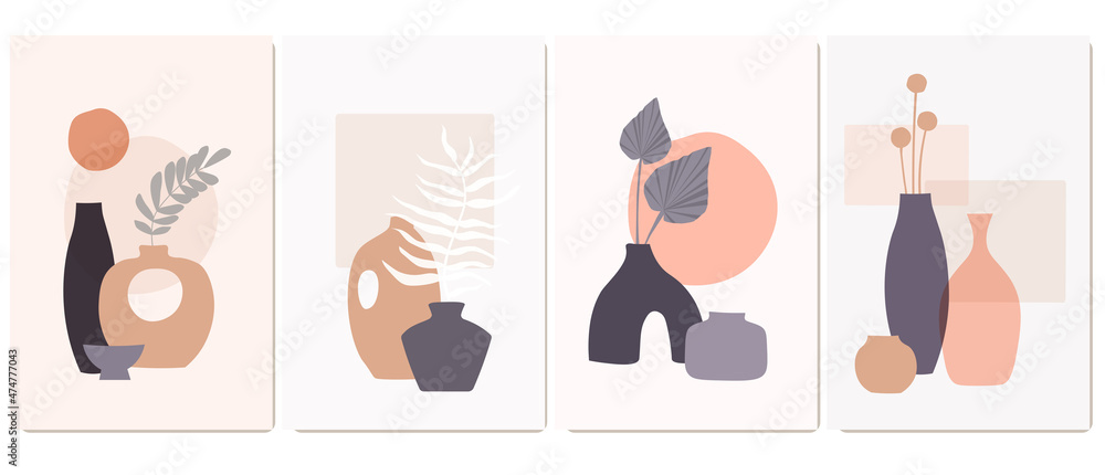A set of contemporary abstract posters with exotic antique vases, bottles, palm leaves. African exotic still life. Sun in boho style. Vector graphics.
