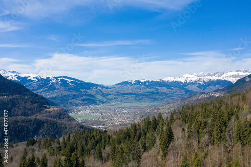 The valley and town of Passy in the Mont Blanc massif in Europe, France, the Alps, towards Chamonix, in spring, on a sunny day.